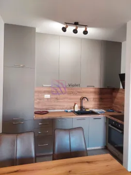 Modern kitchen with grey cabinets and a wooden countertop. - image 7