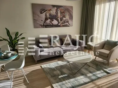 Modern and bright living room with a sofa and dining table.