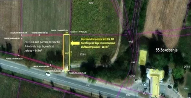 Katastarski snimak sa označenom parcelom i granicama zemljišta.