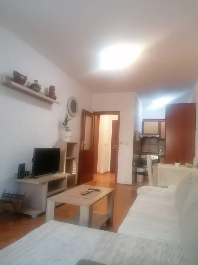 Dnevni boravak sa garniturom, televizorom i trpezarijskim dijelom u pozadini.