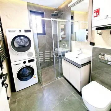 Modern bathroom equipped with a walk-in shower, washbasin, toilet, and laundry machines. - image 10