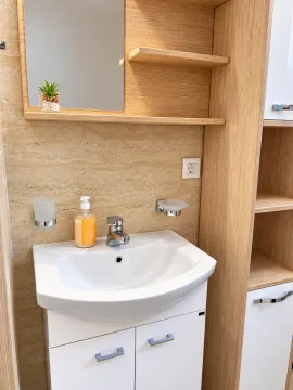 Modernly equipped bathroom with a washbasin, mirror, and wooden cabinet. - image 9