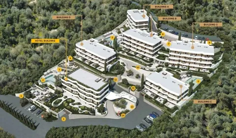 Pogled iz vazduha na kompleks sa više zgrada i uređenim okruženjem. - image 44