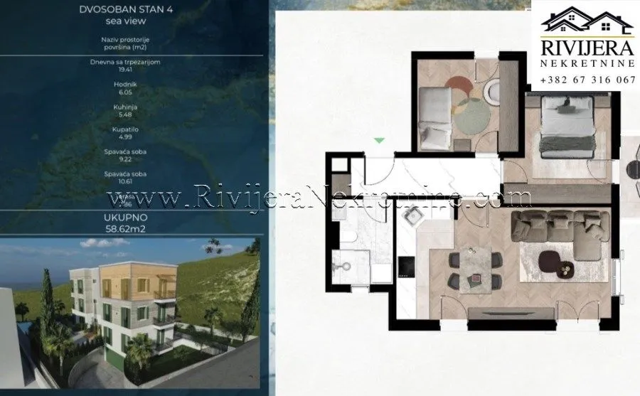 Sale, two bedroom apartment, 59m², Kava, Tivat
