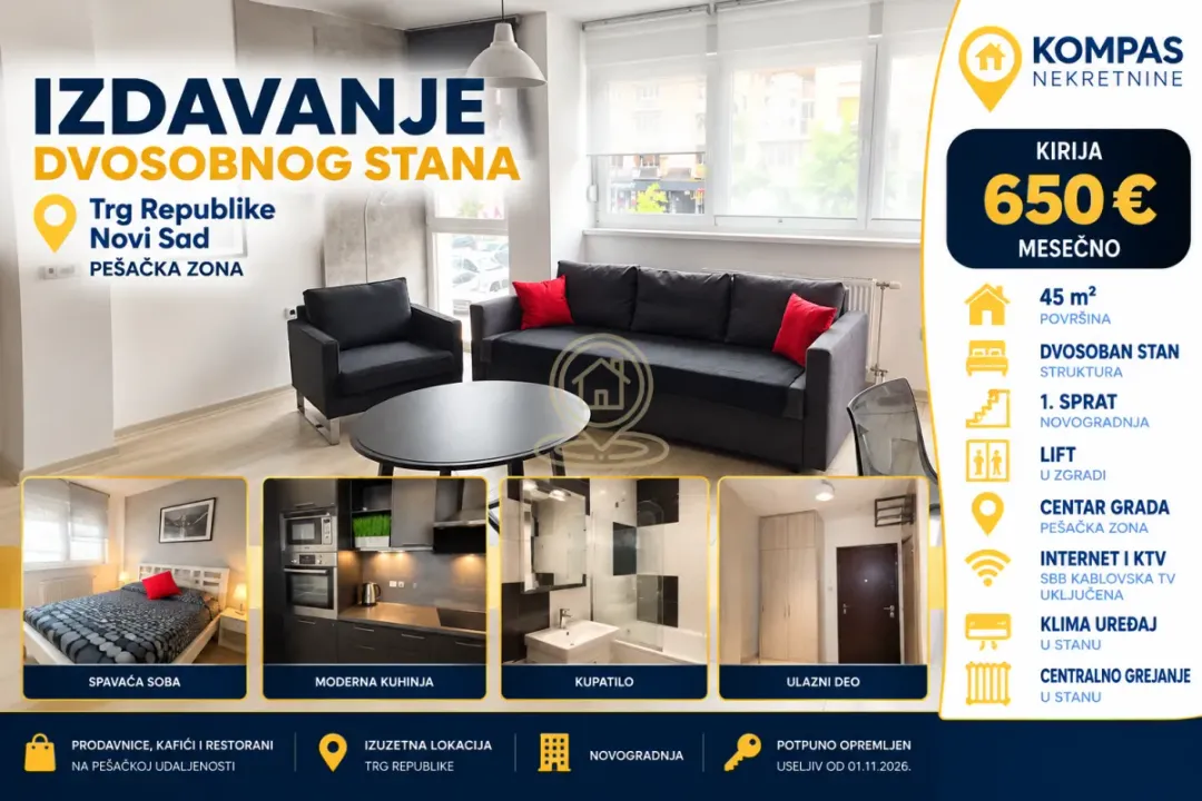 Rent, two bedroom apartment, 45m², Centar, Novi Sad