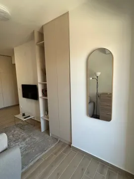 Living room with a built-in wardrobe, television, and a wall mirror. - image 12