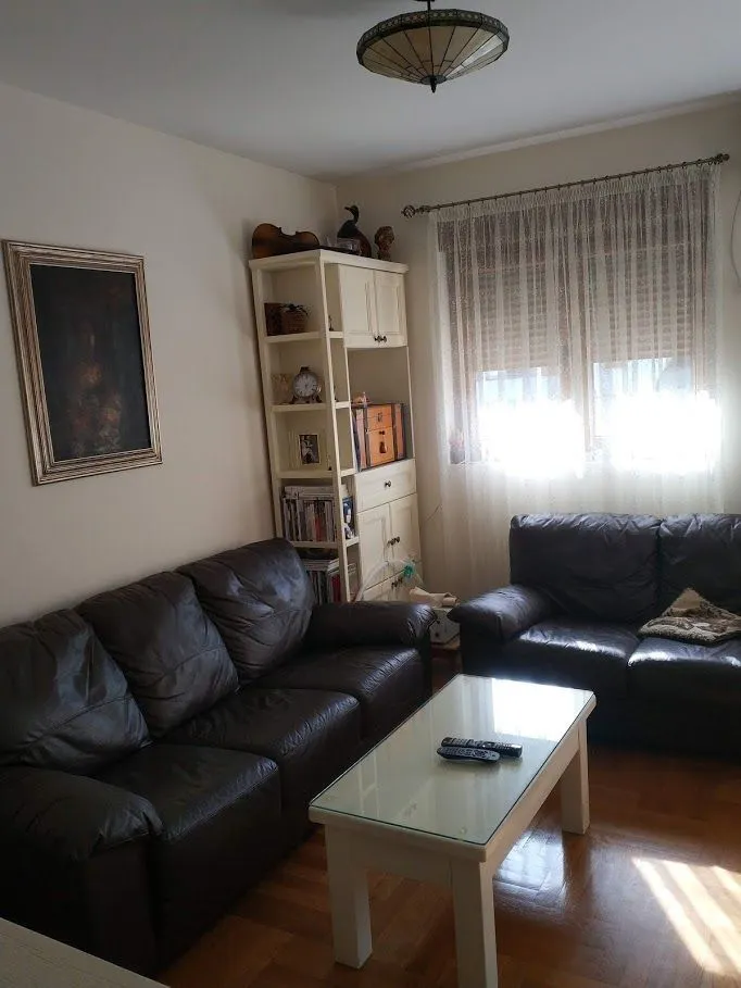 Dnevna soba sa kožnim garniturama i klub stolom.