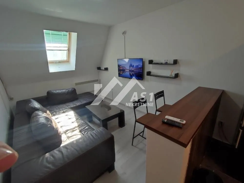 Dnevni boravak sa garniturom, televizorom i šankom u potkrovlju.