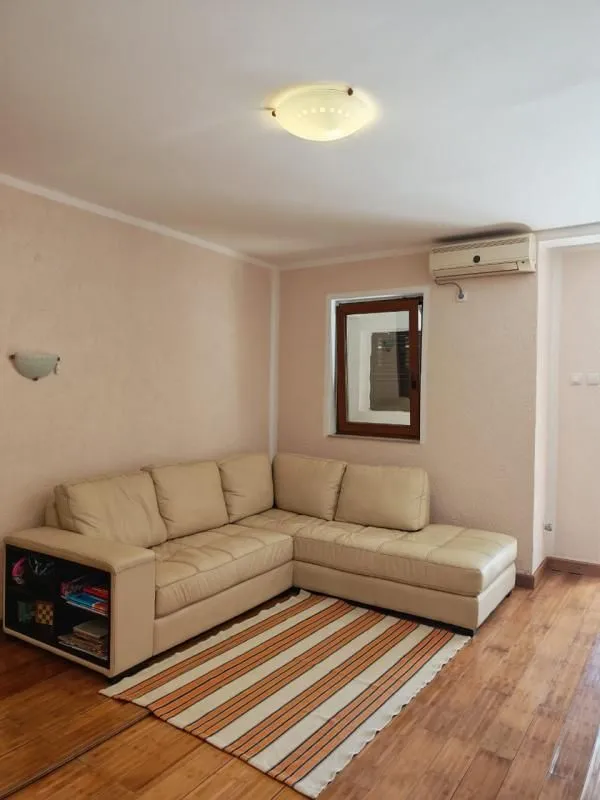 Dnevna soba sa ugaonom garniturom, drvenim podom i klima uređajem.