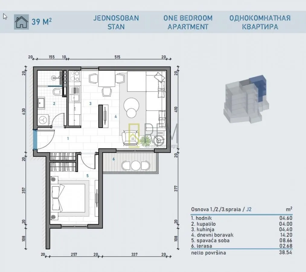 Prodaja, jednosoban stan, 39m², Meljine, Herceg Novi