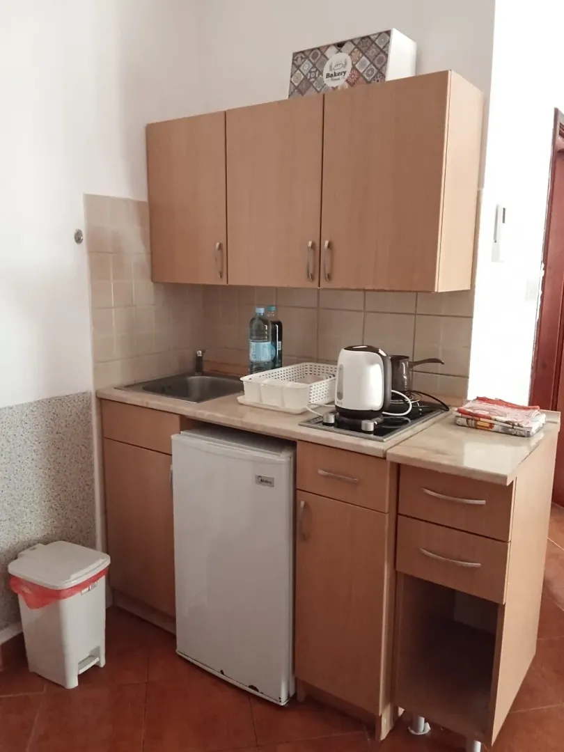 Manja kuhinja sa drvenim elementima i ugradnim aparatom.