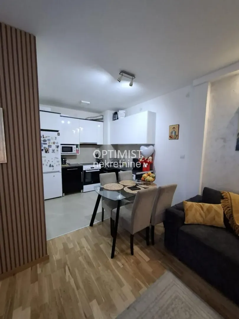 Dnevna soba sa trpezarijom i kuhinjom u pozadini.