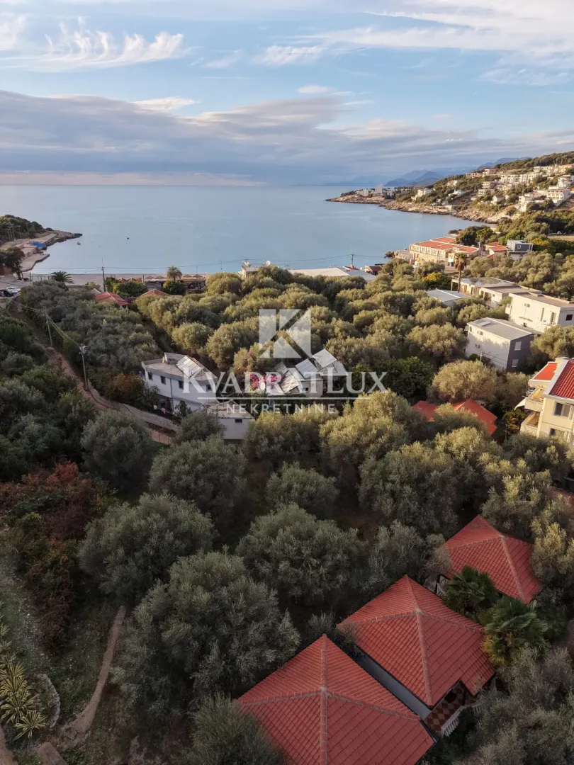 Pogled iz ptičje perspektive na obalu, more i okolno zelenilo.