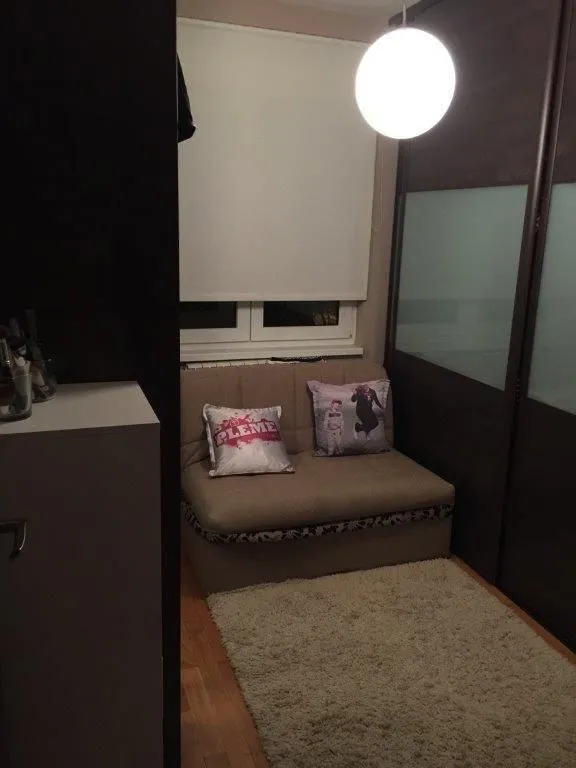Small room with a sofa, rug, and wardrobe.