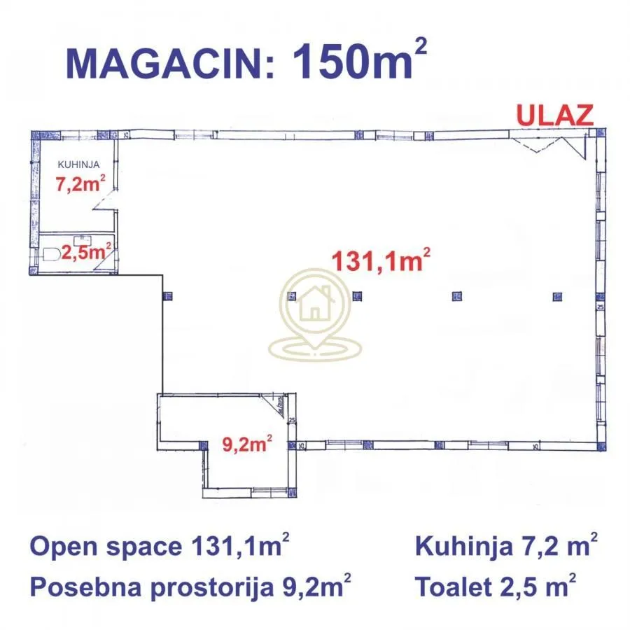 Floor plan of the warehouse showing the room layout and square footage.