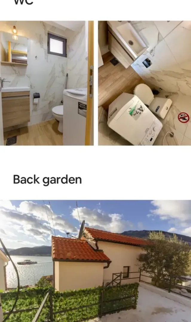A photo collage showing a bathroom and the back garden of a house with a sea view.