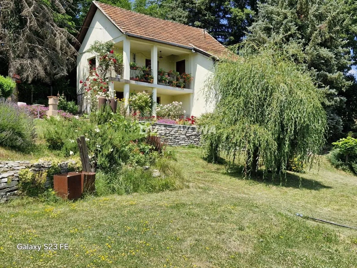 Pogled na dvorište i fasadu kuće sa uređenim vrtom.