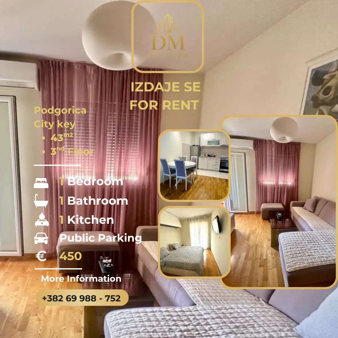 Izdavanje, jednosoban stan, 43m², City Kej, Podgorica