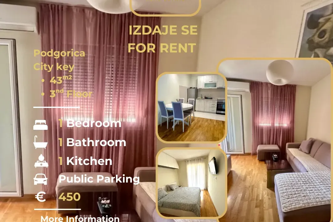 Izdavanje, jednosoban stan, 43m², City Kej, Podgorica