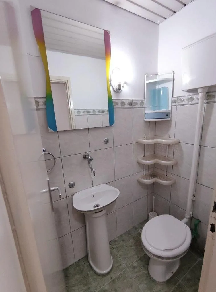 Smaller bathroom with a washbasin, mirror, and toilet.