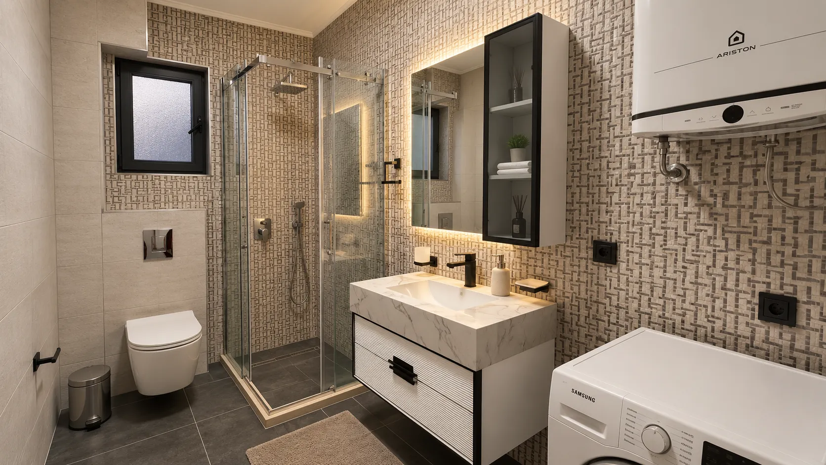 Modern bathroom with a shower cabin, vanity, and built-in sanitaryware.