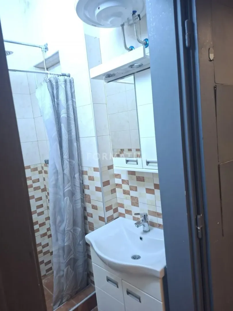 View of the bathroom with a washbasin, mirror, and shower with a curtain.