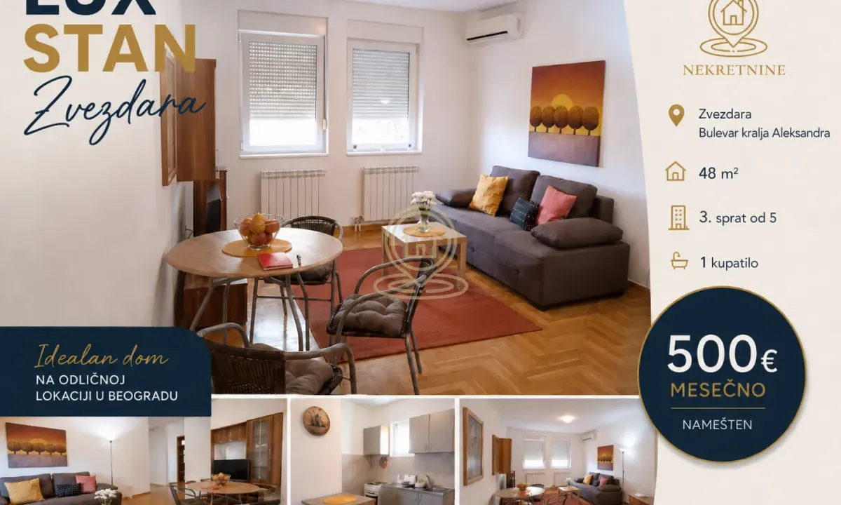 Izdavanje, dvosoban stan, 48m², Bul Kralja Aleksandra, Zvezdara Sve Podlokacije