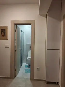 Hallway with a view of the bathroom and built-in closet. - image 5