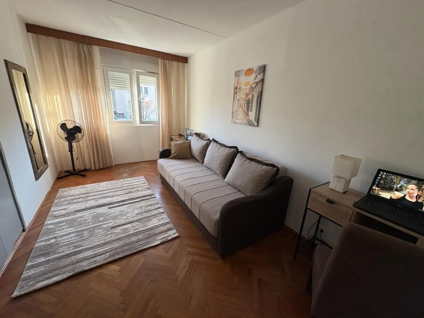 Bright living room with a comfortable sofa, rug, and a desk.
