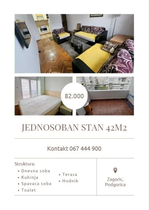 Sale, one bedroom apartment, 42m², Zagorič, Podgorica