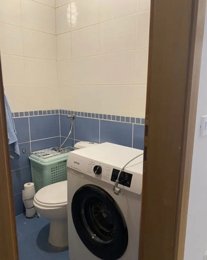 Manje kupatilo sa veš mašinom i WC šoljom.
