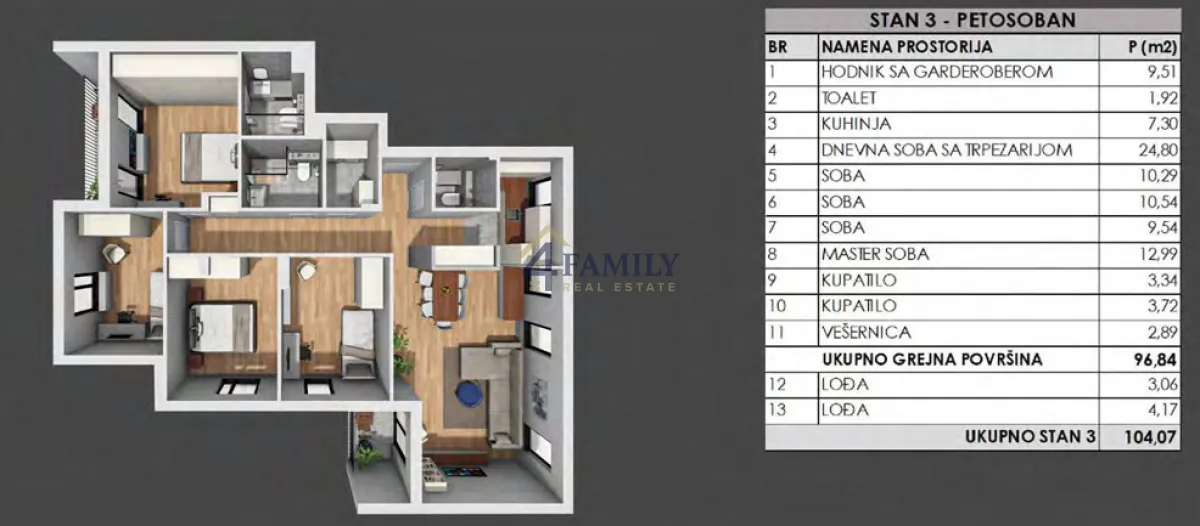 Three-dimensional floor plan with room layout and square footage.