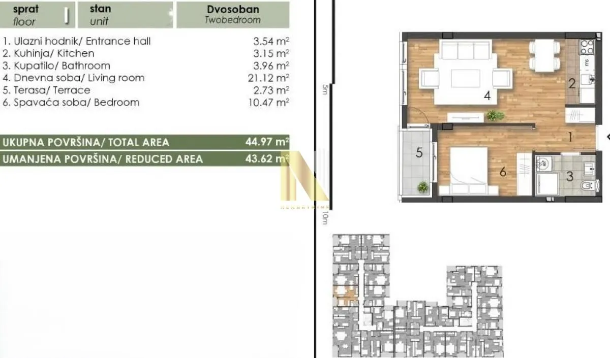 Sale, two bedroom apartment, 44m², Telep, Novi Sad Sve Podlokacije