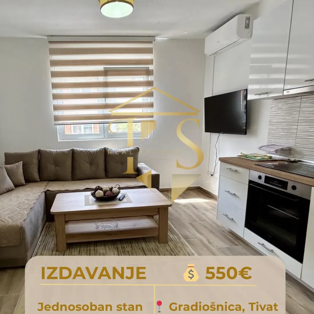 Izdavanje, jednosoban stan, 43m², Gradiošnica, Tivat
