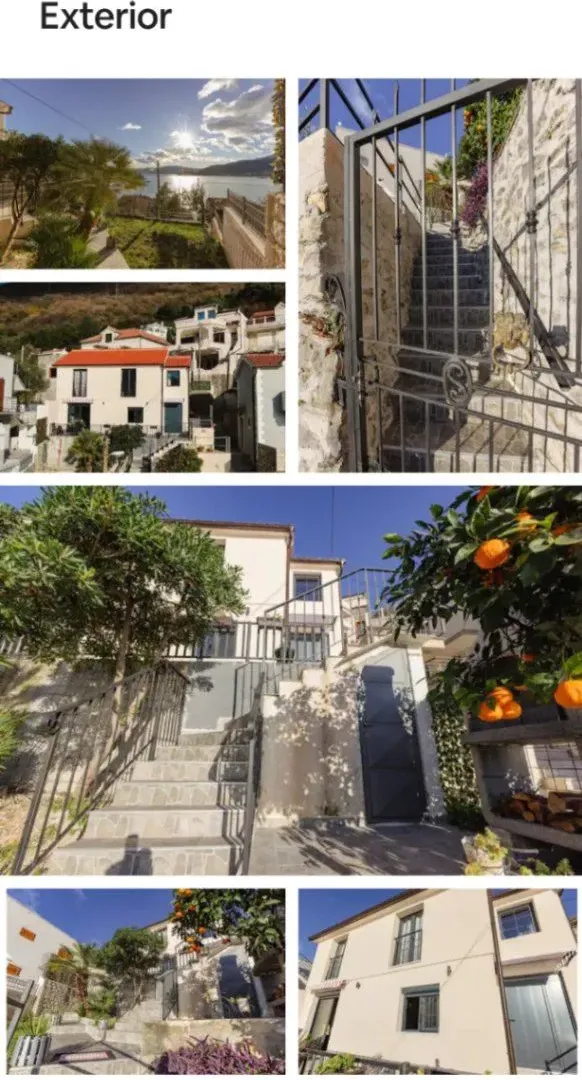 A collage of photographs showing the exterior of the house and yard.