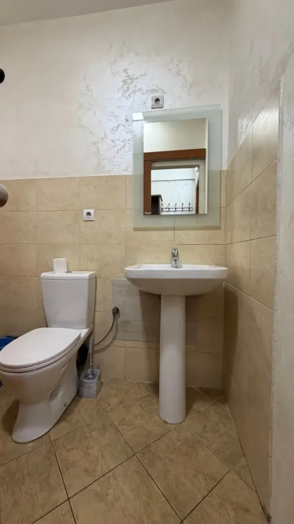 Small bathroom with a toilet, washbasin, and a wall mirror.
