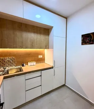 Small modern kitchen with white cabinets and wood-grain accents. - image 6