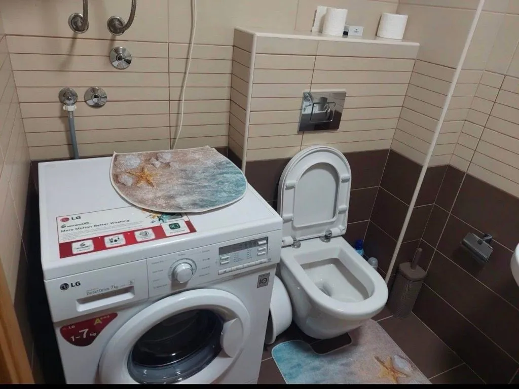 Manje kupatilo sa veš mašinom i WC šoljom.