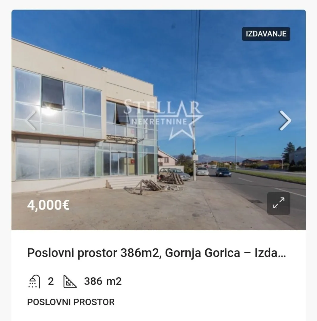 Izdavanje, poslovni prostor, 386m², Gornja Gorica, Podgorica