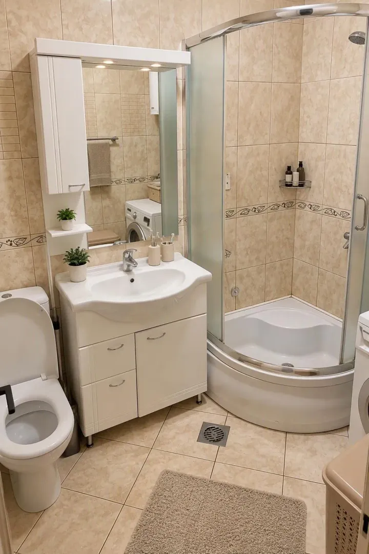 Potpuno opremljeno kupatilo sa tuš kabinom, umivaonikom i wc šoljom.