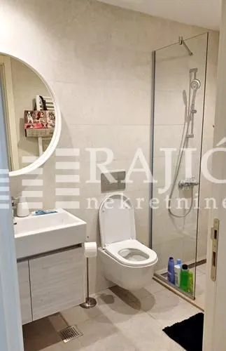 Modern bathroom with a walk-in shower, washbasin, and toilet.