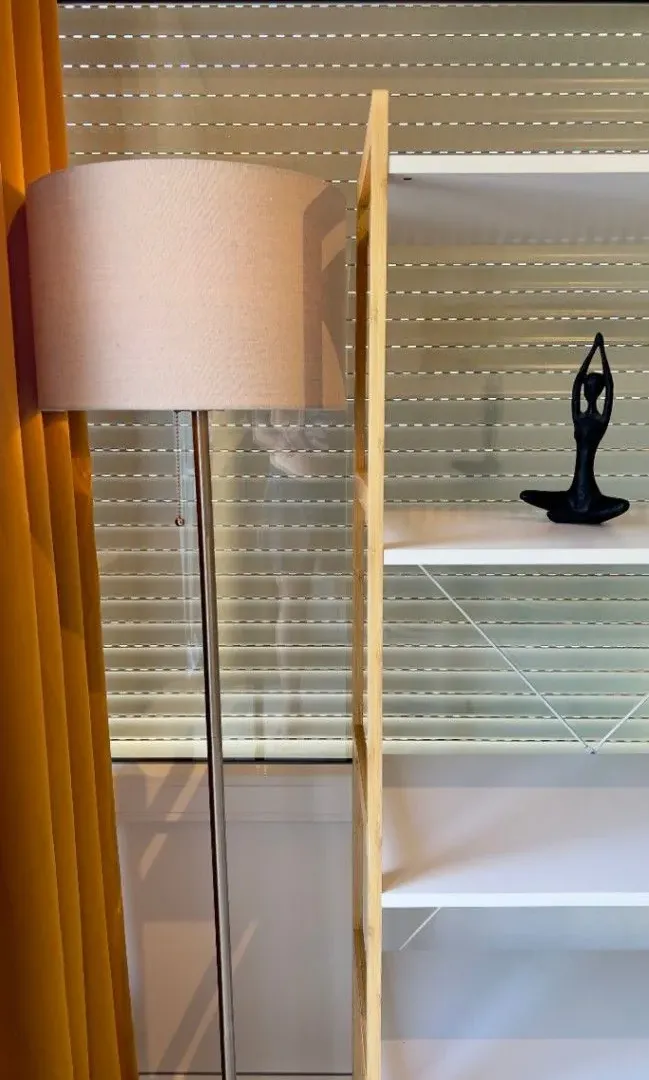Interior detail featuring a floor lamp, shelving unit, and decor by the window.