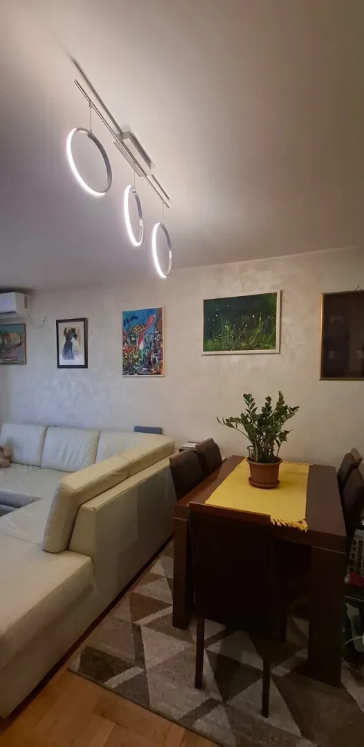 Dnevna soba sa garniturom i trpezarijskim stolom.