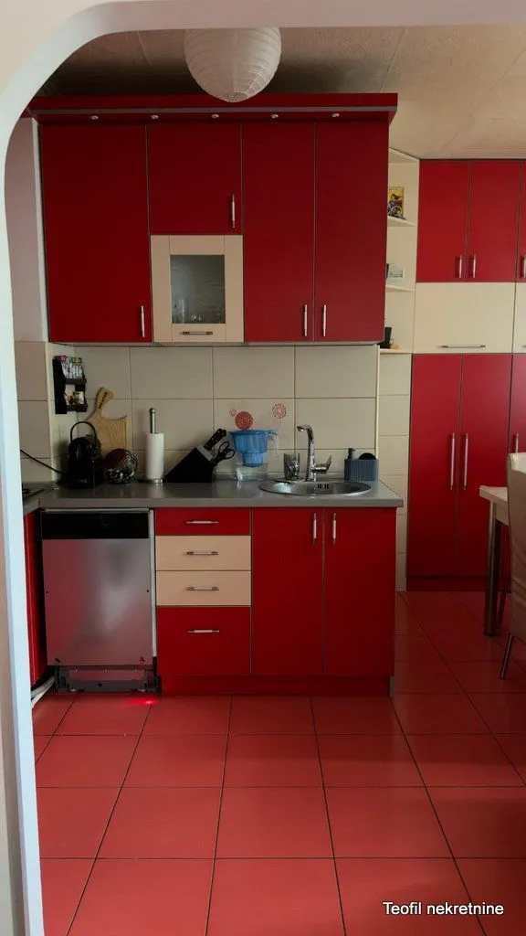 Kuhinja sa crvenim elementima i sudoperom.