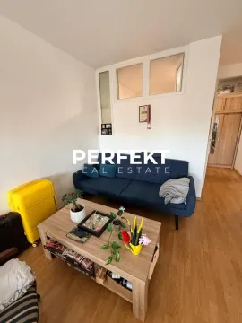 Living room with a blue sofa, wooden coffee table, and a yellow suitcase. - image 2