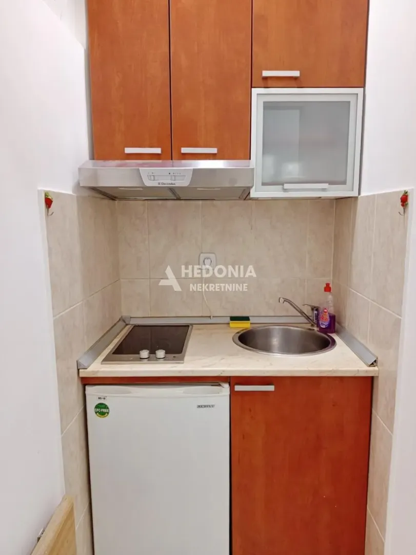 Manja čajna kuhinja sa elementima od drveta, sudoperom i ugradnom pločom.