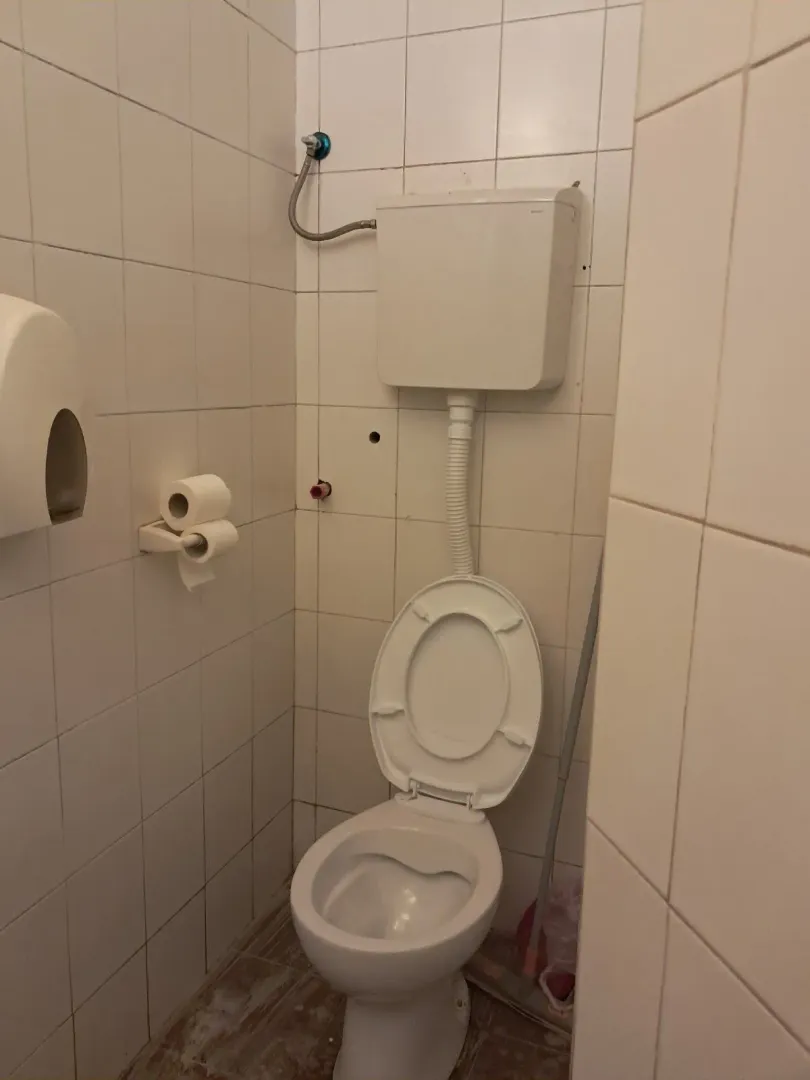 Small bathroom lined with white tiles featuring a toilet.