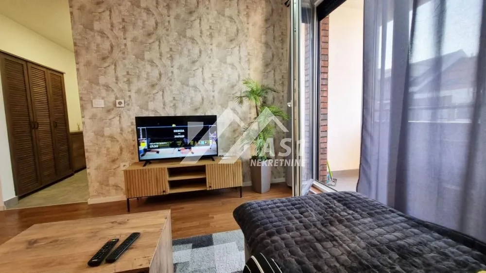 Dnevna soba sa TV-om, kaučem i izlazom na terasu.