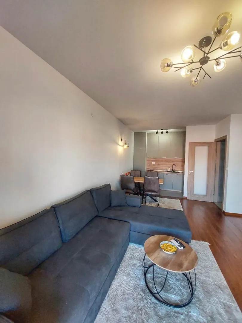 Living room with a sofa and a view of the dining area and kitchen in the background.