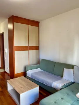 Dnevna soba sa zelenom ugaonom garniturom, drvenim stočićem i ugradnim plakarom. - image 3